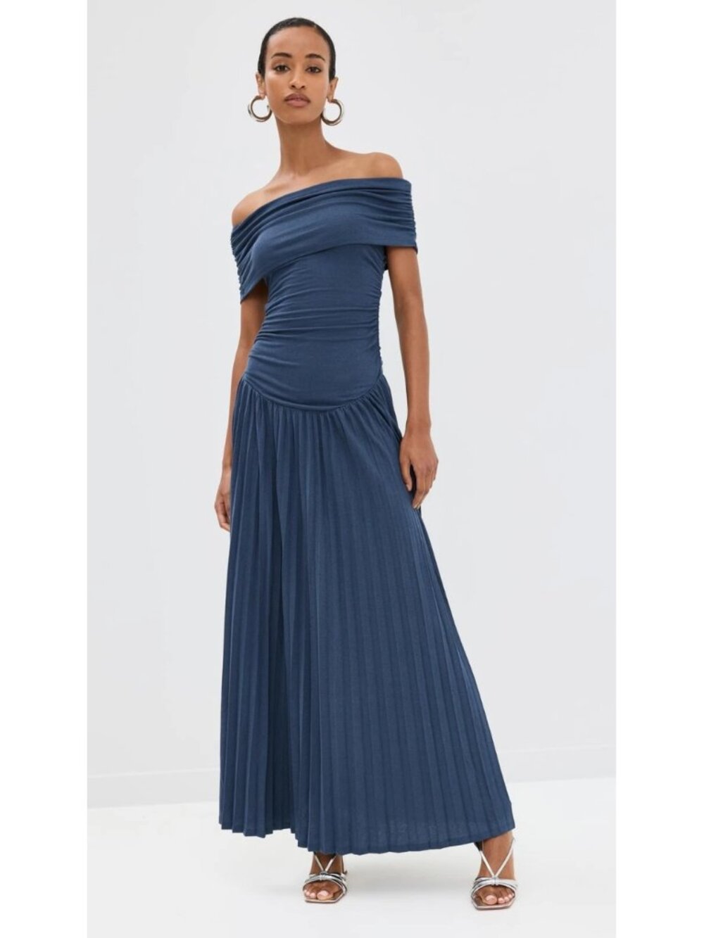 Lioness Navy Blue Off-Shoulder Pleated Maxi Dress